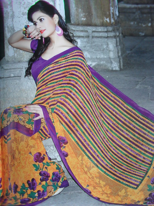 Printed Saree - Polyester, 5.5 Meters, Purple | Vibrant Prints, Soft Fabric, Comfortable Wear, Elegant Look