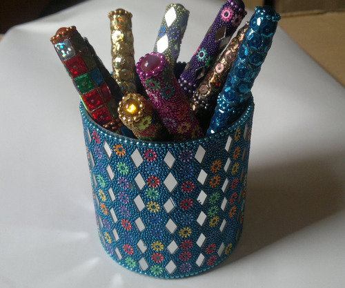 Pen Holder Round - Metal & Glass, 4x4 Inches, Teal | Mirror Mosaic Finish, Holds 8-10 Pens, Stylish Desktop Organizer