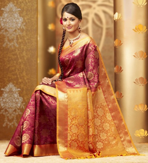 Silk Saree - Pure Silk, 5.5 Meters, Burgundy | Floral Design, Smooth Texture, Perfect Fit, Blouse Included