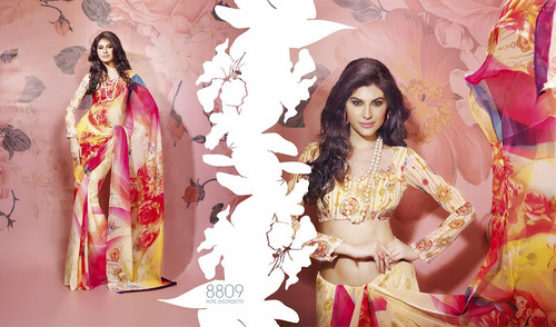Shdaed Yellow and Red Faux Georgette Saree with Blouse