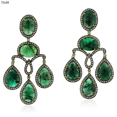 Natural Emerald Chandelier Earrings - 18k Gold Silver, 72x38 mm | Handcrafted, Emerald Gems, 3.98 cts Diamonds, Elegant Design