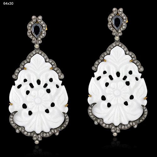 White Agate Carved Diamond Drop Earrings