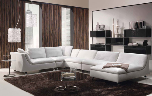 Sofa - Leather, Multiple Sections, White | Plush Cushions, Metal Legs, Comfort, Space Saving, Modern Elegant Design