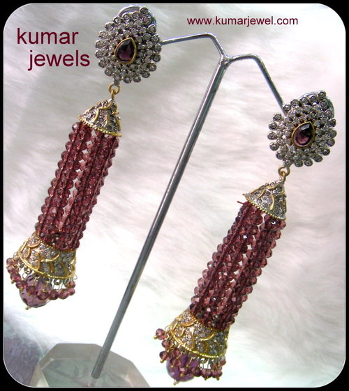 Hazel Tassel Earring - Metal, Beads, CZ, 7-8 cm, Dark Green | Stylish Elegant Design, Eye-Catching Fashion Accessory