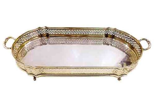 Vintage Tray - Silver-Plated 15x8x2 Inches, Oval Shape, Polished Finish, 2 Handles, 4 Feet, Elegant Durable Design