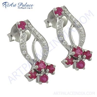 Delicate Red Cubic Zirconia & Cubic Zirconia Gemstone Silver Earrings