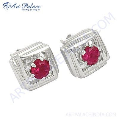 Handcreated Red Cubic Zirconia Gemstone Silver Earrings