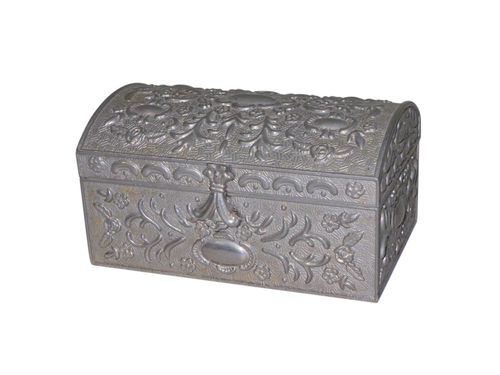 Embossed Artistic Jewelry Box - Metal 4x3x2 Inches Silver, Floral Embossing, Clasp Closure, Matte Finish