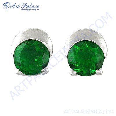 Impressive Green Cubic Zirconia Gemstone Silver Earrings
