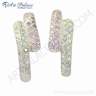 New Arrival Cubic Zirconia & Pink Cubic Zirconia Gemstone Silver Earrings