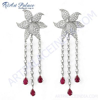 Rocking Flower Style Cubic Zirconia & Red Cubic Zirconia Gemstone Silver Earrings