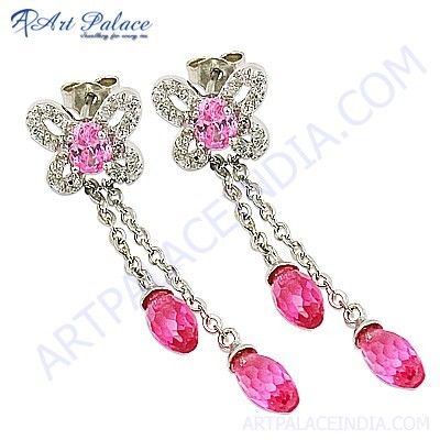 Feminine Unique Style Cubic Zirconia & Pink & Red Cubic Zirconia Gemstone Silver Earrings