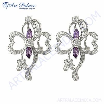 Delicate Design Amethyst & Cubic Zirconia Gemstone Silver Earrings,