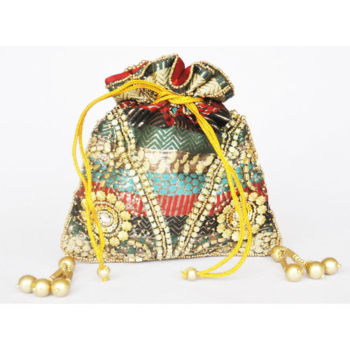 Multi Color Potli Bag - Fabric Beaded Embroidery, Drawstring Closure | Elegant Design, Durable, Shrink Resistant, Reusable