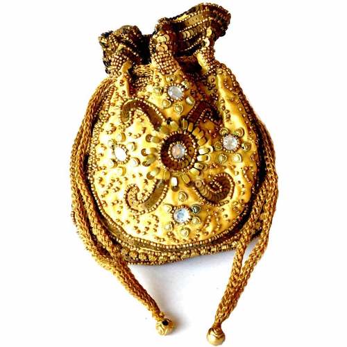 Embroidery Potli Bag - Silk Satin Velvet, Gold, Variable Sizes | Handcrafted Intricate Embroidery, Drawstring Closure, Elegant Design