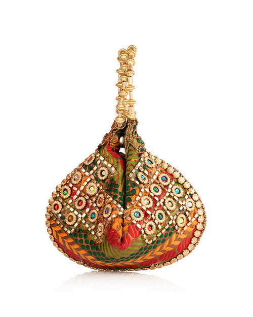 Wedding Potlies - Silk Satin Velvet 5x4x2 Inches Gold | Drawstring Closure Beads & Stones Embellishment Intricate Embroidery