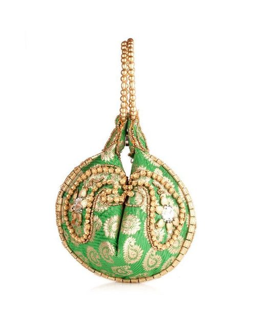 Beaded Potli Bag - Silk, 5x5x3 inches, Green | Drawstring Closure, Gold Accents, Elegant Design