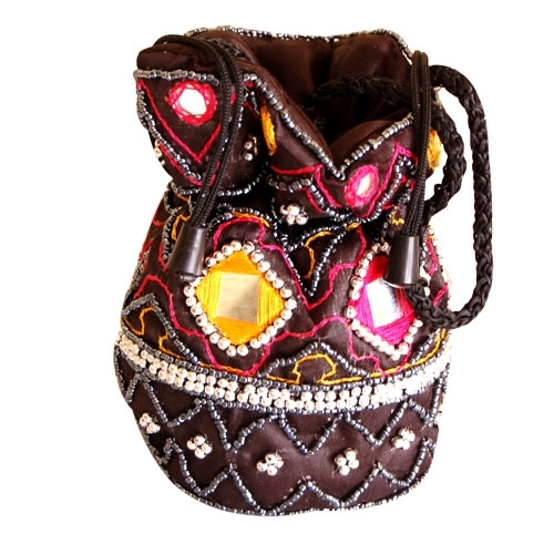Potli Pouch - Velvet Silk, 4x5 Inches, Dark Brown | Drawstring Closure, Beaded Embellishments, Handmade, Lightweight, Gift-Ready