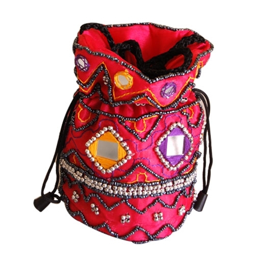 Potli Mirror Bag - Silk Satin 5x7 Inches Red, Drawstring Closure, Mirror Beads Embellishments