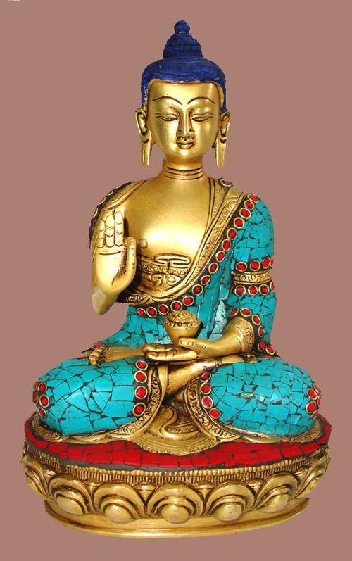 BUDDHA SITTING B/HAND W/ STONE WORK