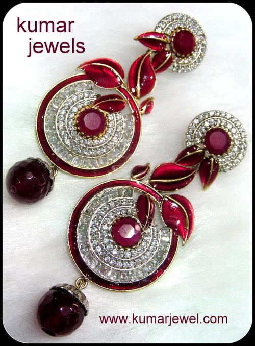 Glossy Red Earring - CZ, Enamel, Emerald Stones, Antique Style, Perfect Fit, Elegant Dangle