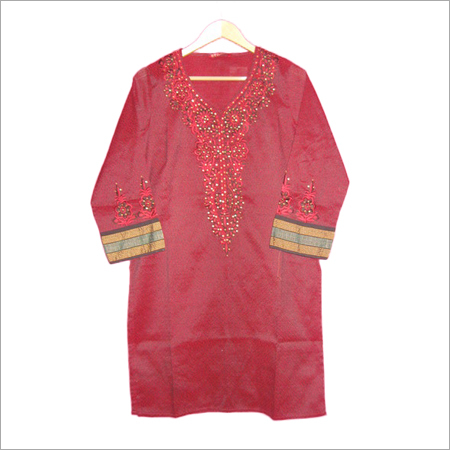 Ladies Kurties - Cotton, Silk, Rayon, 42 Inches, Pink, V-Neck | Floral Embroidery, Stylish Design, Comfortable Fit