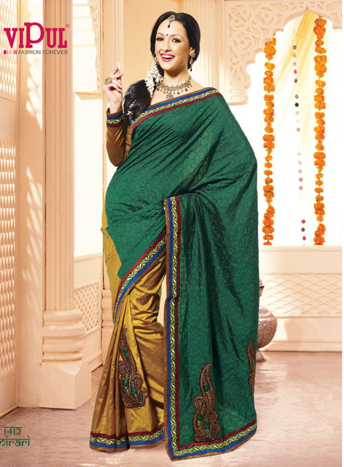 Traditional Embroidered Sarees - Silk 6.3 Meters, Green Floral | Handcrafted Embroidery, Elegant Design, Vibrant Colors