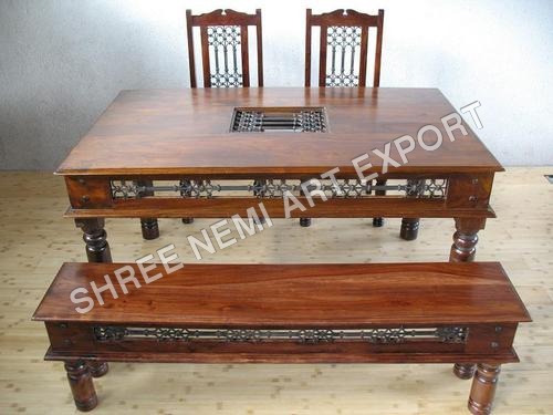 Jali Range Furniture-Table & Chair With Bench - Color: Brown