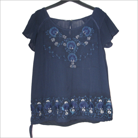 Ladies Top - Cotton, Medium, Dark Blue, 24 Inches | Floral Embroidery, Stylish Design, Comfortable Fit