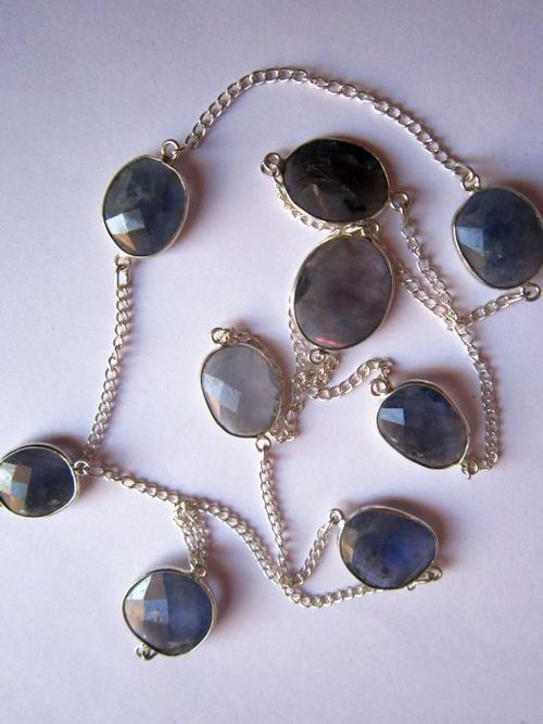 Beaded Chain - Iolite Gemstone Connector Chain 28 Inches , Blue Oval Coral Bracelets, 9 Pieces, 5 Grams
