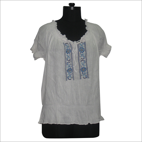 Ladies Top - Cotton, 24 Inches, White | Embroidered Pattern, Round Neckline, Short Sleeve, Comfortable Fit