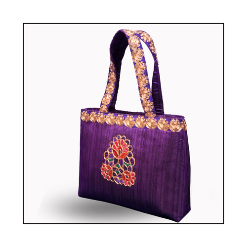 Hand Bag - Silk Fabric 10x12x4 Inches Purple, Embroidered Buta, Double Handles, Zip Closure