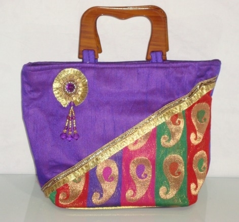 Hand Bag - Silk Fabric, 12x10x5 Inches, Purple, Open Top | Embroidered Buta, Wooden Handle, Handcrafted, Durable Material, Elegant Design