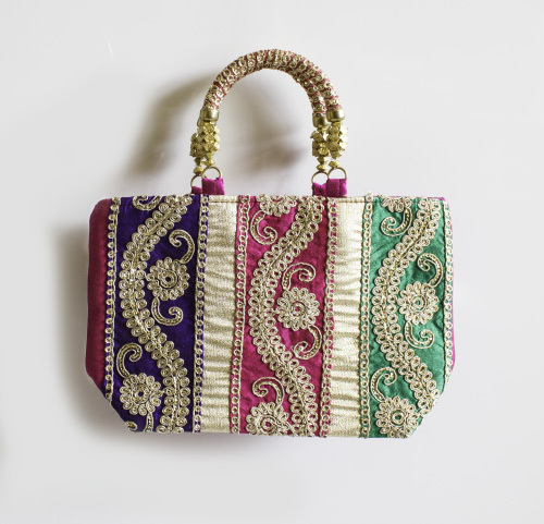 Hand Bag - Small Silk Fabric, Purple, Open Top | Embroidered Buta, Wooden Handle, Handcrafted, Lightweight, Stylish
