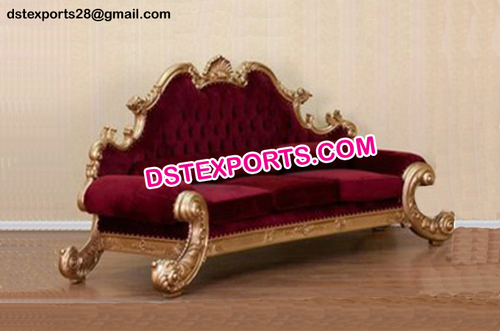 Maharaja Wedding Golden Sofa - Wood, Burgundy, Gold Leaf Finish | Royal Design, Hand Carved, Rich Velvet, Two Seater