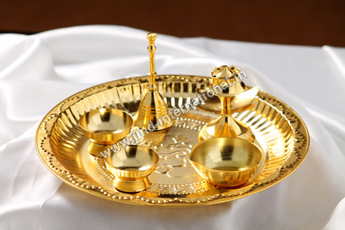 Copper Pooja Thali Set - Handcrafted Copper, 12 Inches Diameter, High Gloss Polish, 5-Piece Set | Durable Material, Elegant Design, Exquisite Pattern, Religious Significance