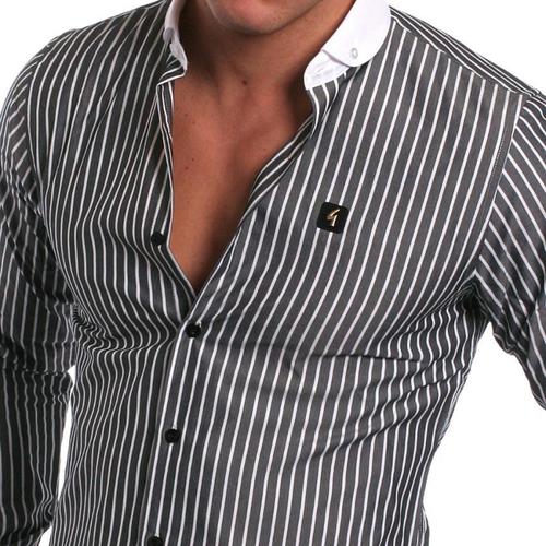 AFZ Shirts - Cotton Blend, M-XXL, Black | Button-Down, Mandarin Collar, Striped, Stylish Comfortable Fit