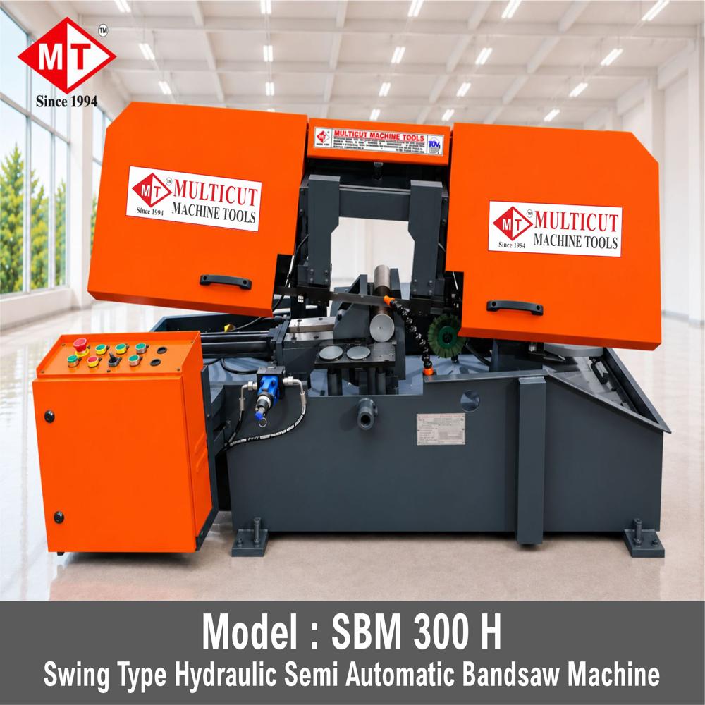 SBM-300 H Swing Type Semi Automatic Band Saw Machine - Steel, 2550 x 900 x 1300 mm, Gray | Hydraulic Feed, Efficient Metal Cutting, User-Friendly Interface