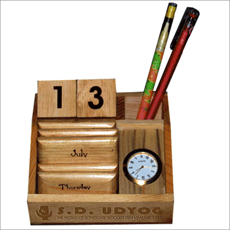 Wooden Pen Stand With Calendar & Clock