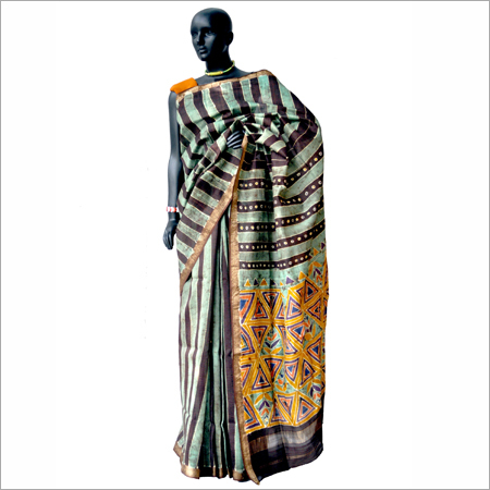Batik Cotton Sarees - 5.5 Yards Brown Cotton, Striped Batik Weave | Soft, Colorfast, Seamless Finish, Durable, Trendy Style
