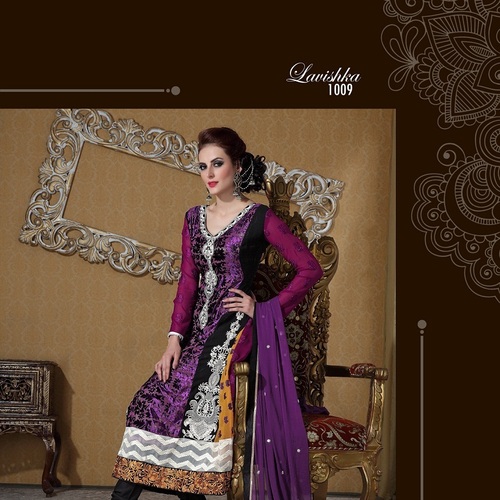 Anarkali Salwar Kameez Designs - Silk Blend, 54 Inches, Purple | Handcrafted Embroidery, Elegant Design, Comfortable Fit