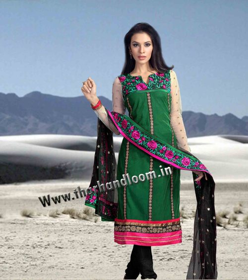 Green with Pink Anarkali - Net Fabric, Semi Crape Inner, Green with Pink | Elegant Style, Less Embroidery, Formal Wear, Comfortable Fit