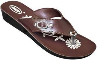 Ladies V Shape Slipper - Pu, Multiple Sizes, Brown | Embroidered, Soft, Durable, Flat Sole, Medium Heel