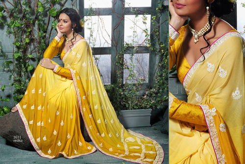 Designer Sarees - Silk & Chiffon, 6.5 Meters, Yellow | Hand & Machine Work, Blouse Included, Elegant Design