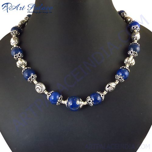 German Silver Beads New Necklace, Lapis Lazuli GemStone German Silver Necklace By ART PALACE