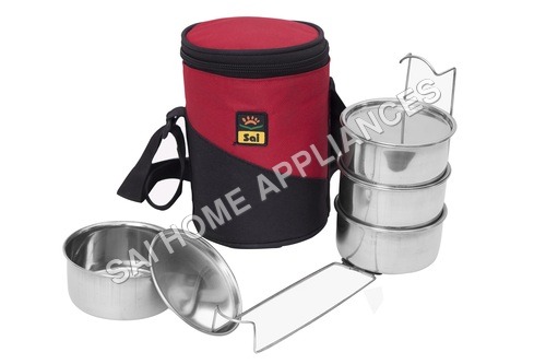 Food Mania 4 Insulated Lunch Box - Stainless Steel Material, 13.5cm x 13.5cm x 21cm , Silver and Red Color, Easy to Clean and Durable