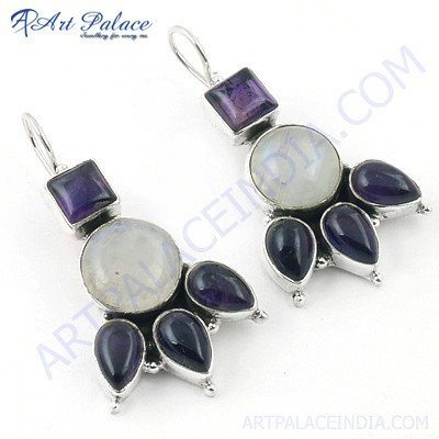 Handcrafted Amethyst & Rainbow Moonstone Gemstone Silver Earrings