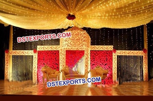Wedding Stage Carved Backdrop Screens - Wood Fiber, Variable Dimensions, Gold Color, Modular Assembly, Intricate Carving, Durable Material