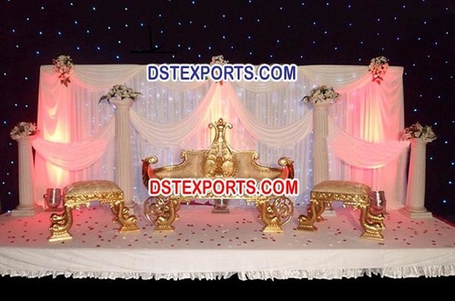 Asian Wedding Gold King Sofa Set - Treated Wood, Gold Plated, Leather Seats | Hand Carved, Well Cushioned, Royal Look, Traditional Style