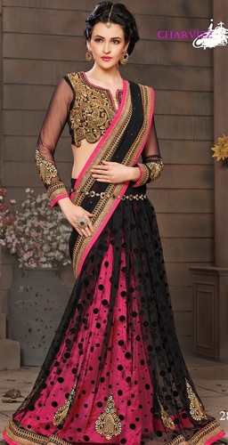 Stylish Designer Sarees - Net Silk, 5.5 Meters, Black Pink | Semi-Stitched Blouse, Gold Thread Embroidery, Elegant Design, Comfortable Fit